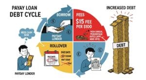 Graphic showing payday loan debt cycle of borrowing, rollover, and high interest fees