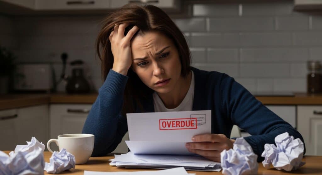 Stressed borrower thinking about payday loan debt help looking at overdue notices