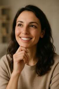Woman smiling thoughtfully while reflecting on her financial goals, symbolizing relief after joining payday loan consolidation program.